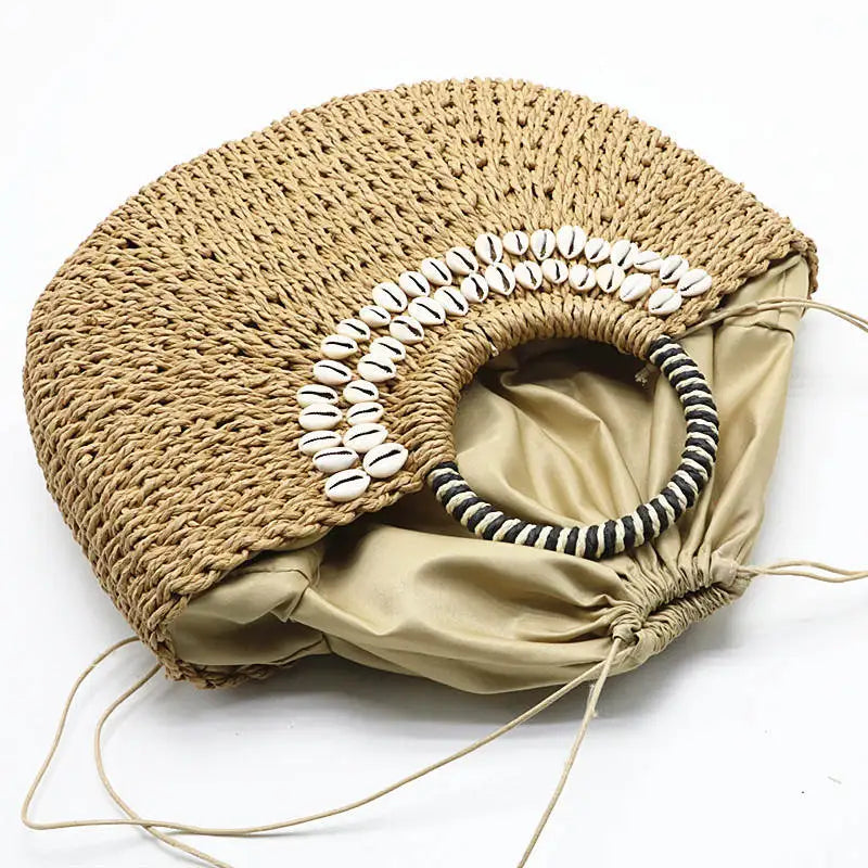 Woman Fashion New Creative Shell Moon Straw Bag Scarf Hair Ball Decoration Straw Bag Portable Woven Beach Handbag