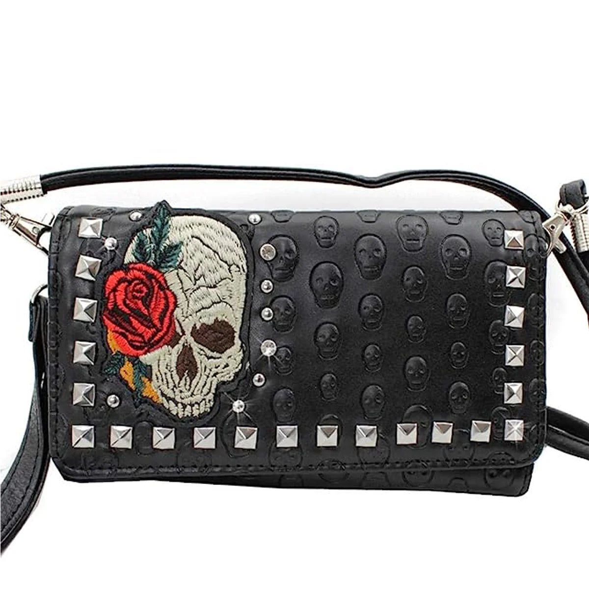 Women'S PU Leather Red Rose Skull Handbag, Red