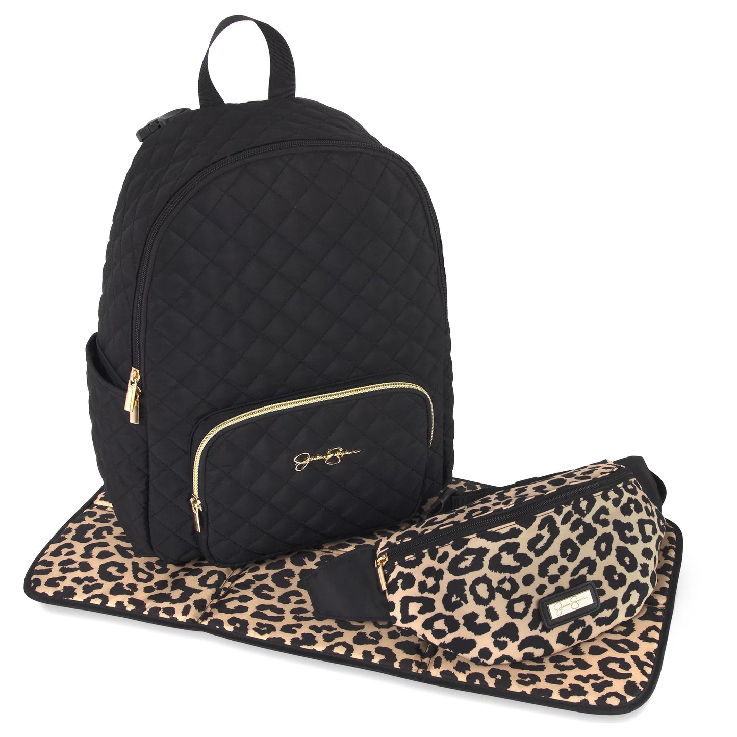 Black Diamond Quilted Multi-Pocket Dual Zipper Closure Fashion Diaper Bag Backpack with Leopard Print Interior, Matching 3-Ply Folding Baby Changing Pad & Belted Sling Bag for Mom