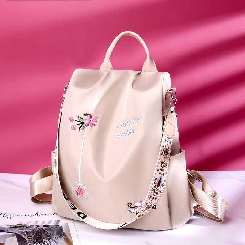 Waterproof Oxford Women Backpack Fashion Anti-Theft School Bag Embroidery Designer Female Large Capacity Travel Shoulder Handbag