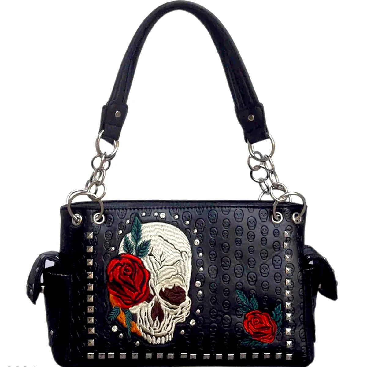 Women'S PU Leather Red Rose Skull Handbag, Red