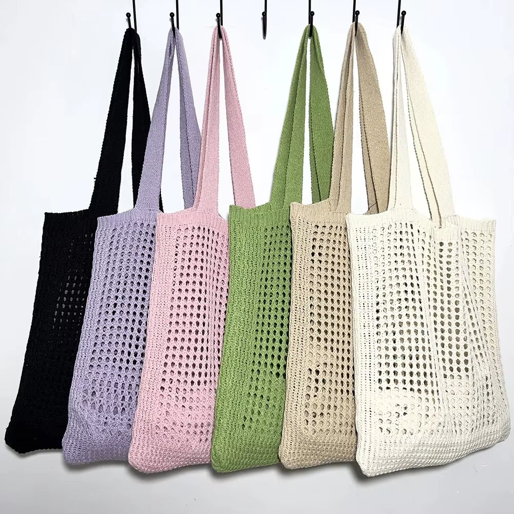 Fashion Hollow Knitted Women'S Bags Casual Female Shoulder Bags Simple Crochet Tote Bags Ladies Shopping Top-Handle Bags Handbag