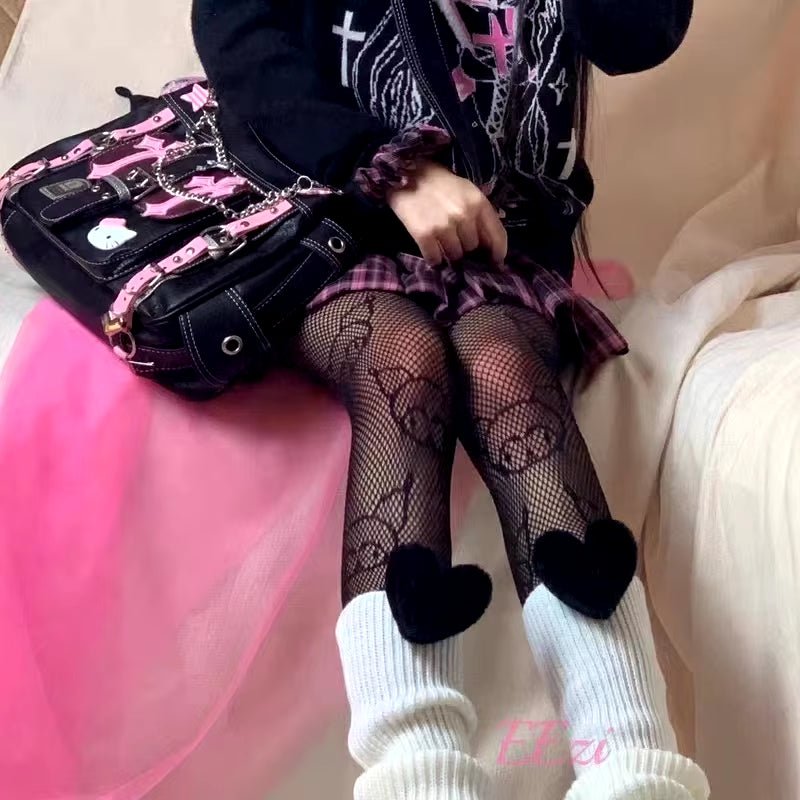 Hello Kitty Sanrio Gothic Punk Vintage Pink Cross Chains Crossbody Bags for Women Toys Hot Girl Handbag Y2K Trend Tote Bag