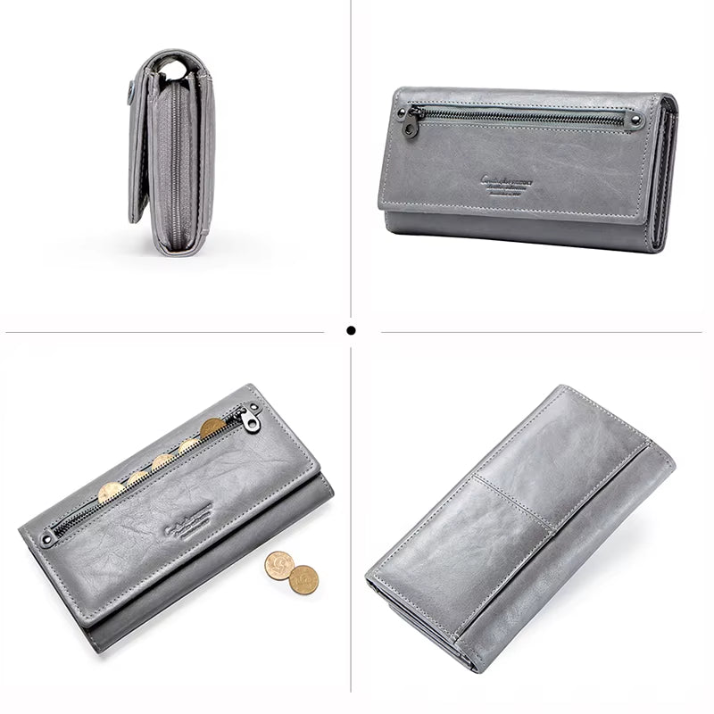 Contact'S Women Genuine Leather Wallets with Coin Pocket Long Wallets Zipper Wallets with Card Holders Femal Purse