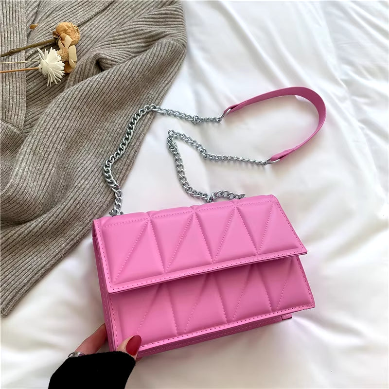 Solid Color Chain Strap Flap Shoulder Bag Ladies Handbags, Embroidery Plaid Crossbody Bags for Women Daily Used