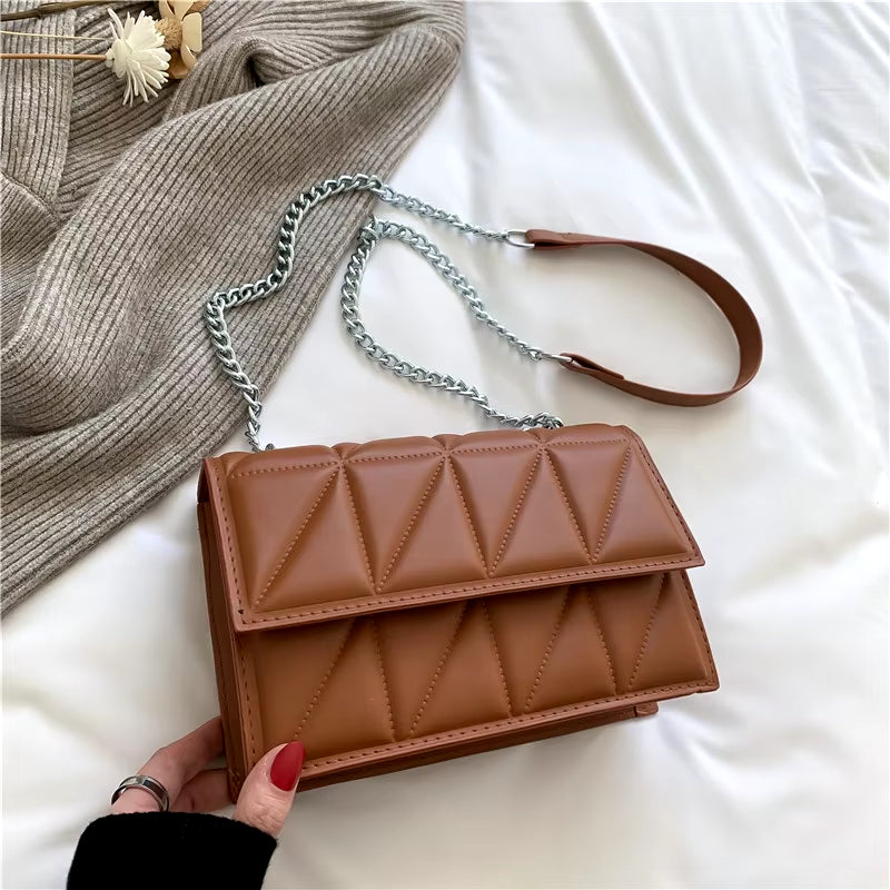 Solid Color Chain Strap Flap Shoulder Bag Ladies Handbags, Embroidery Plaid Crossbody Bags for Women Daily Used