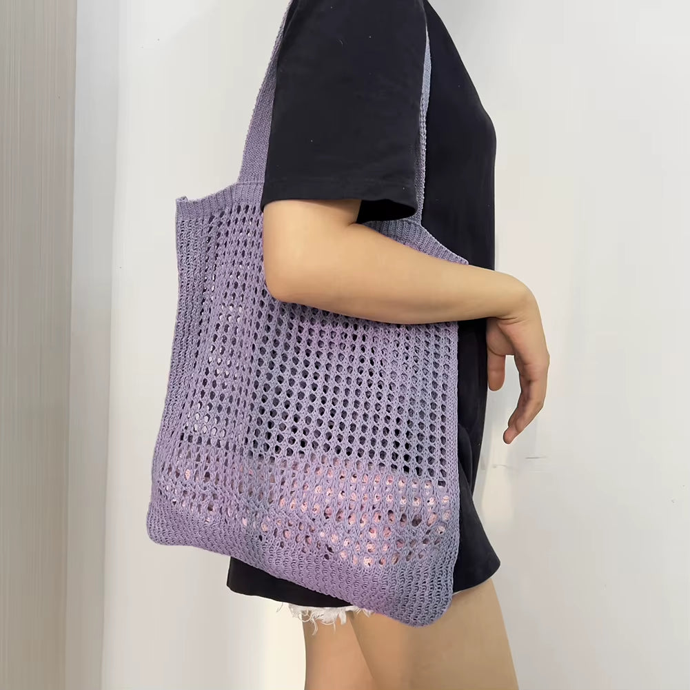 Fashion Hollow Knitted Women'S Bags Casual Female Shoulder Bags Simple Crochet Tote Bags Ladies Shopping Top-Handle Bags Handbag