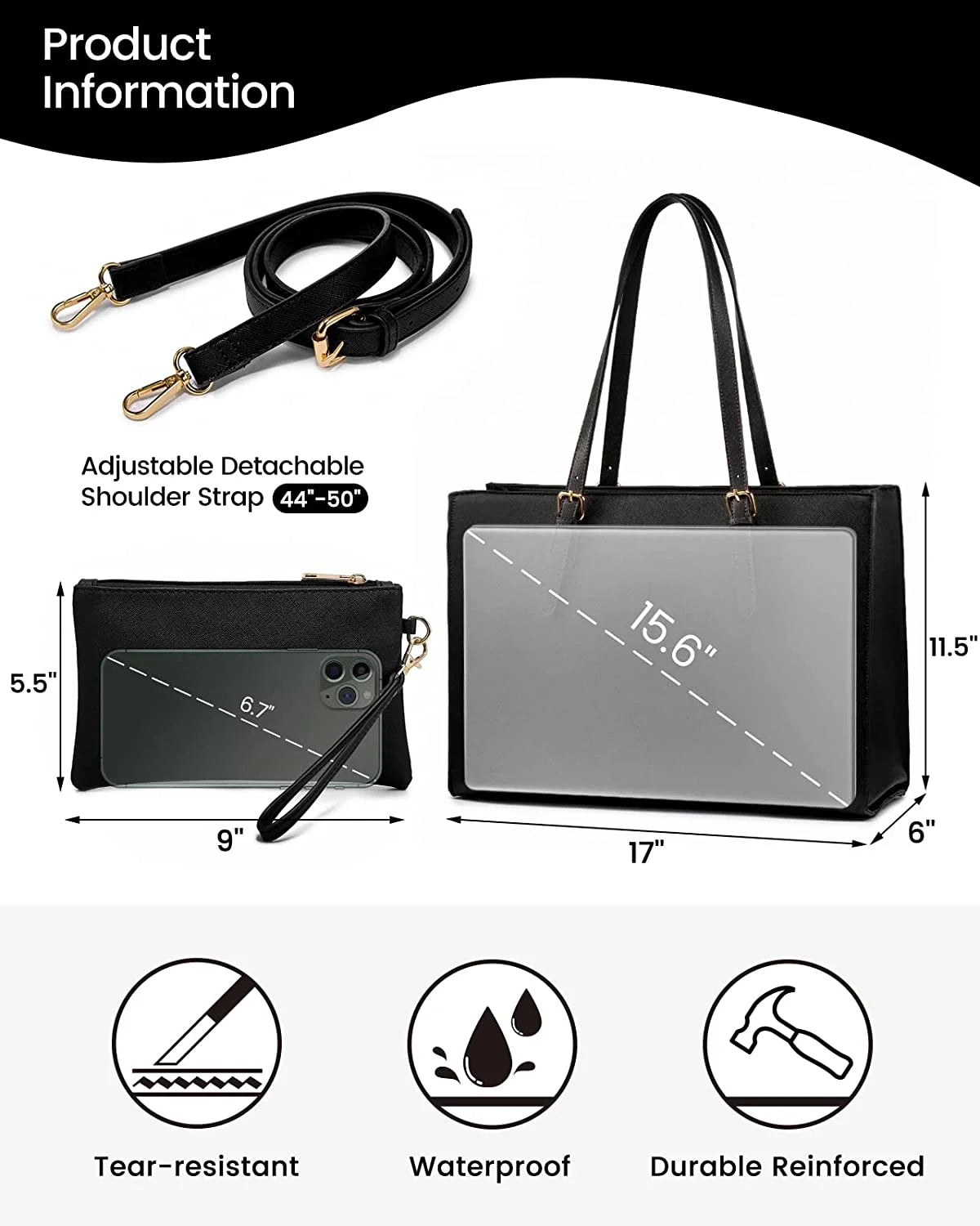 Women Work Tote Bags Fit 15.6" Laptop, PU Leather Shoulder Bag & Satchels Purses Set- Black, Large, USB Charging Port, Waterproof