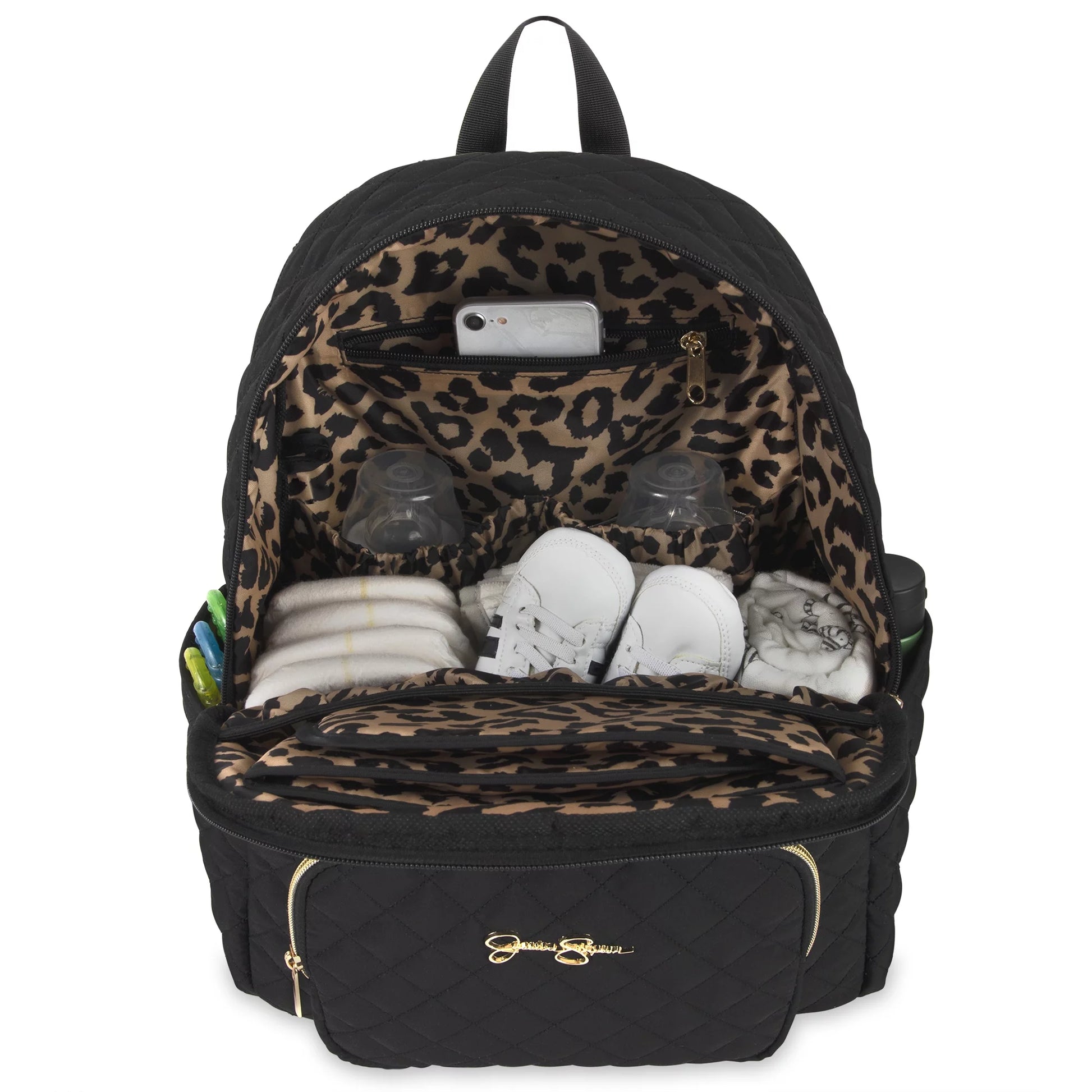 Black Diamond Quilted Multi-Pocket Dual Zipper Closure Fashion Diaper Bag Backpack with Leopard Print Interior, Matching 3-Ply Folding Baby Changing Pad & Belted Sling Bag for Mom