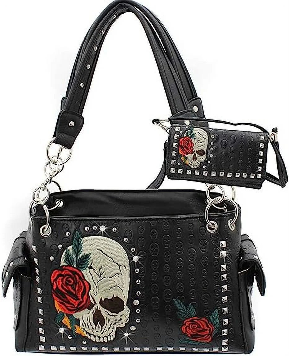 Women'S PU Leather Red Rose Skull Handbag, Red