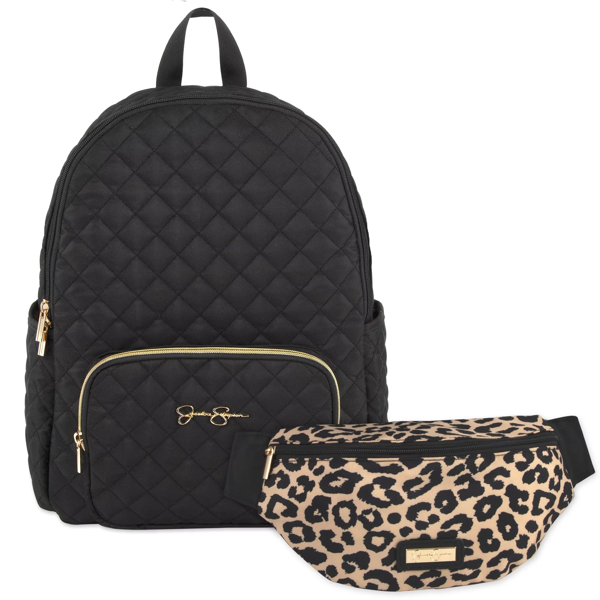 Black Diamond Quilted Multi-Pocket Dual Zipper Closure Fashion Diaper Bag Backpack with Leopard Print Interior, Matching 3-Ply Folding Baby Changing Pad & Belted Sling Bag for Mom