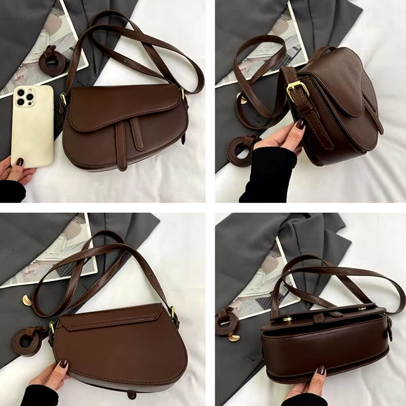 New Fashion Niche PU Leather Versatile Flip Zipper WOMEN'S Saddle Bag Single Shoulder Bag for Commuting