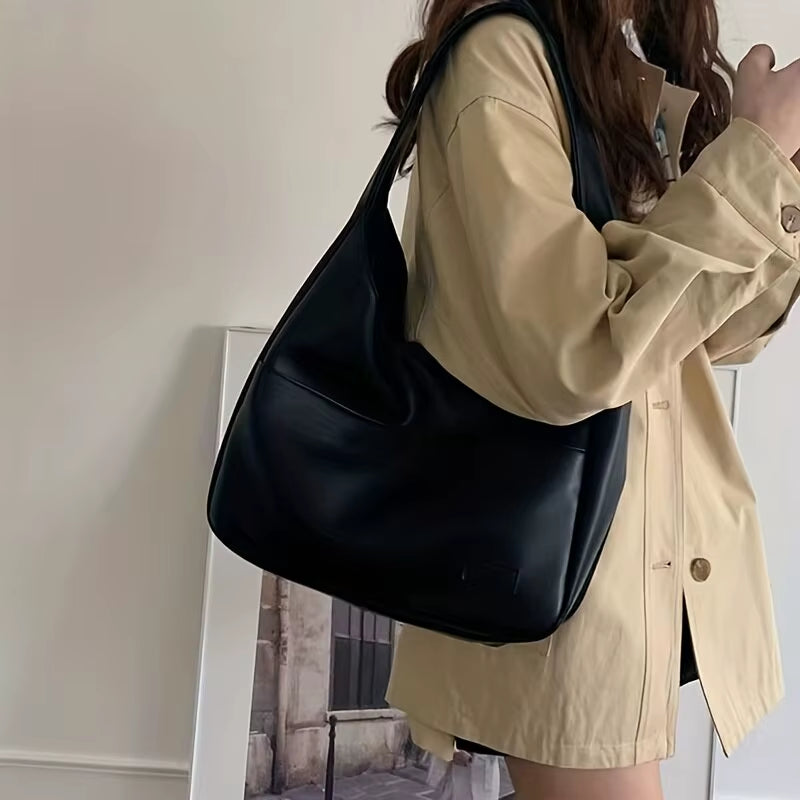 Women Hobo Bag Simple PU Leather Solid Shoulder Bag 2023 Fashion Large Capacity Handbag for School Work