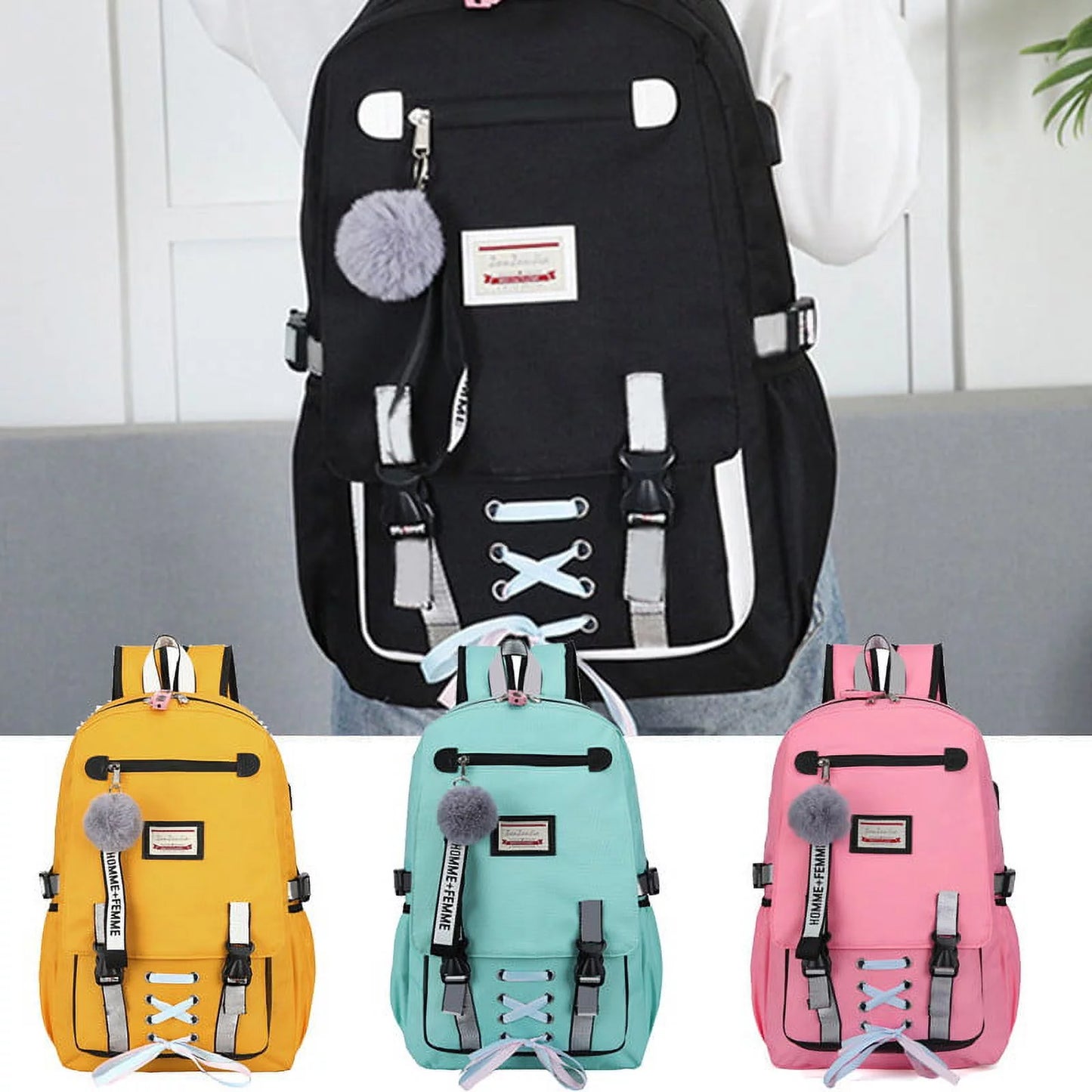 Women'S Cute Fashion Backpack with USB Port, Black